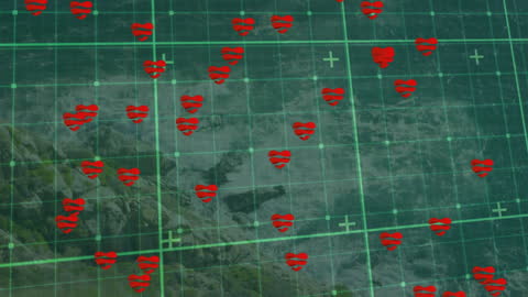Animation of Red Hearts on Digital Grid Landscape