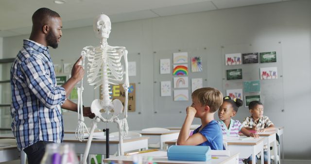 Image of happy african american teacher with class of diverse pupils during anatomy lesson - Download Free Stock Photos Pikwizard.com
