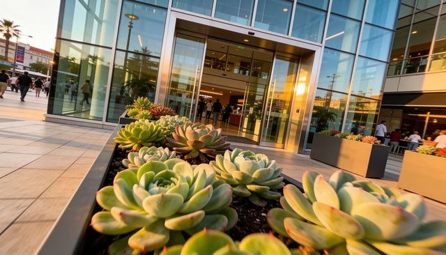 Sunlit succulent planter guiding shoppers to glass-fronted modern retail plaza at sunset