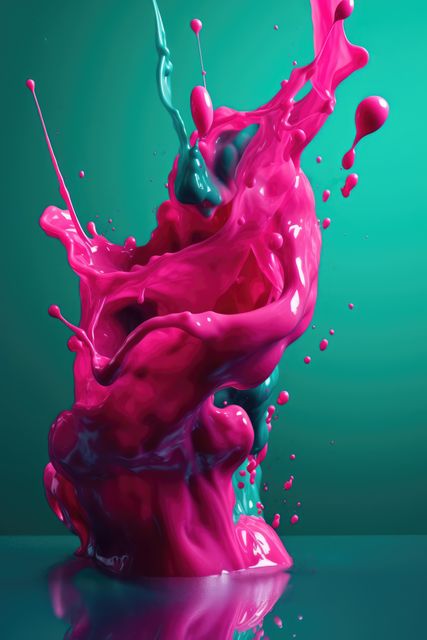 Close up of blue and pink liquid splashing on blue background created using generative ai technology. Liquid and colour concept digitally generated image.
