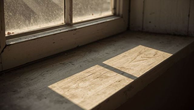 Sunlit Weathered Wooden Windowsill Showing Grain, Scratches, Dust and Warm Patina