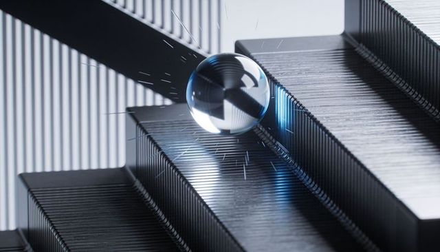 Glass sphere skimming ribbed metal steps, emitting blue sparks and mirrored refractions