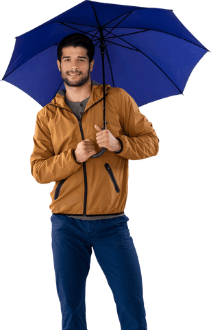 Smiling male with blue umbrella and brown jacket on transparent background