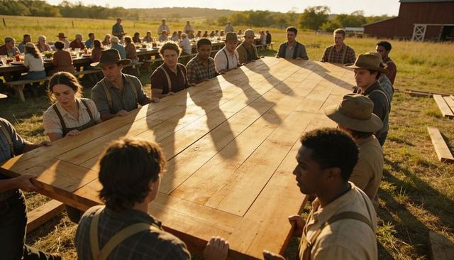 Golden hour farm crew carrying long wooden table for outdoor community feast at sunset barn