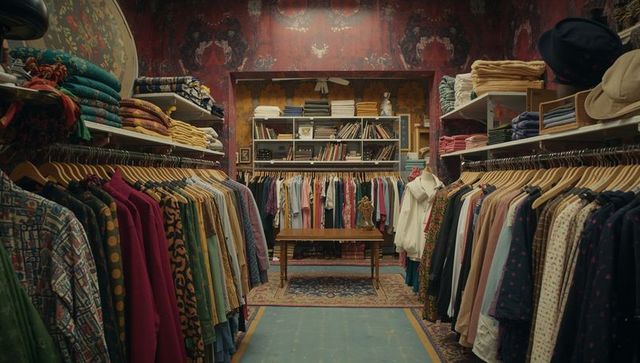 Bohemian vintage boutique displaying colorful clothing racks, cozy textiles, wooden table