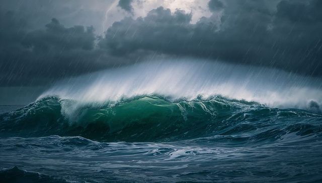 Dramatic stormy sea with cresting wave and lightning