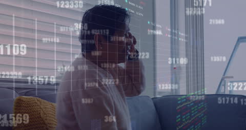 Asian Woman Phone Call with Stock Market Overlay