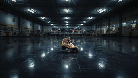 Patterned figure skate resting on gleaming rink floor reflecting overhead lights