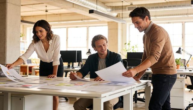 Creative team reviewing design proofs and color swatches in modern open-plan office