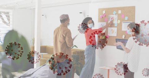 Office Collaboration with Safety Measures and Floating COVID-19 Icons