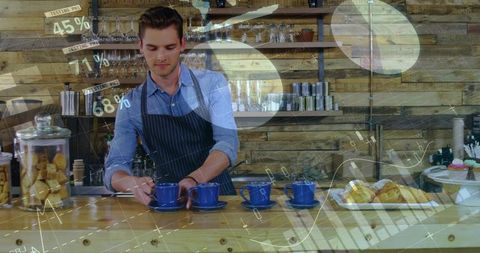 Barista in Rustic Cafe Preparing Coffee with Data Analytics Overlay