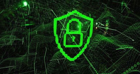 Neon Green Cybersecurity Shield Hovering Over 3D Digital Wireframe Grid