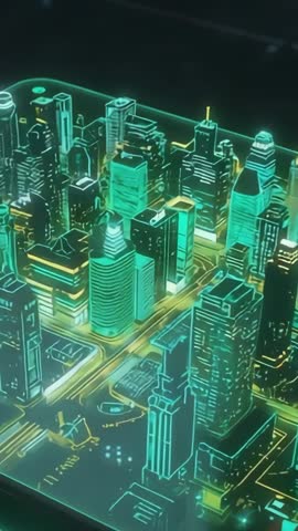 Neon Smart City Hologram Projecting, Rising, Pulsing on Futuristic Platform Vertical Video