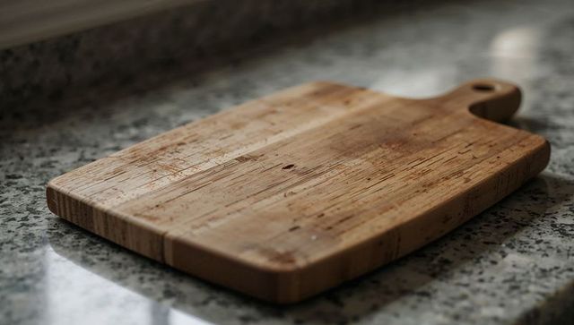 Weathered wooden cutting board on granite countertop with handle hole and knife marks