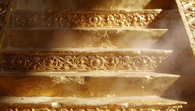 Gleaming gilded baroque staircase featuring carved rosettes and ornate treads