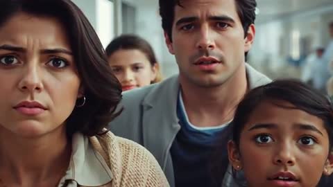 Worried family reacting in hospital corridor after sudden alarm, stepping forward toward sound