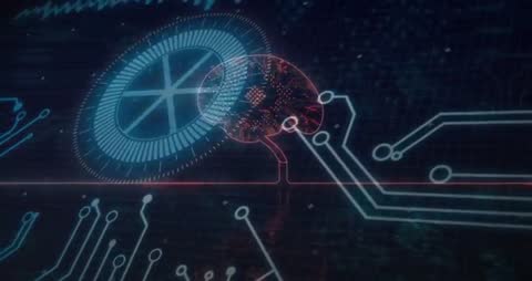 Futuristic Brain Microchip with Digital Circuitry and holographic Diagram