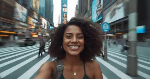 Vlogger's Urban Selfie Walk Through Bustling Crosswalk