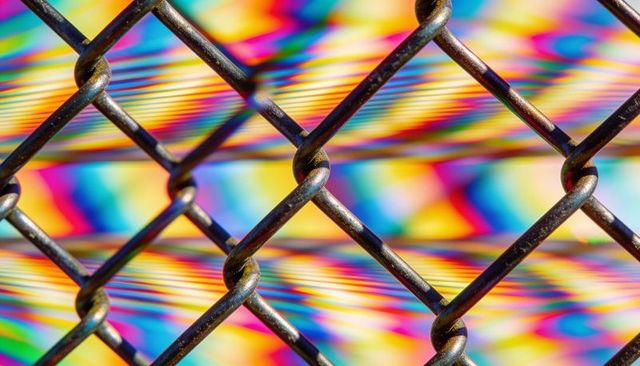Prismatic chain-link fence close-up showing rusted metal texture and rainbow diffraction