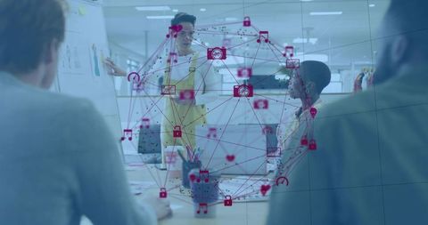 Creative team presenting design concepts in open-plan studio with digital network overlay