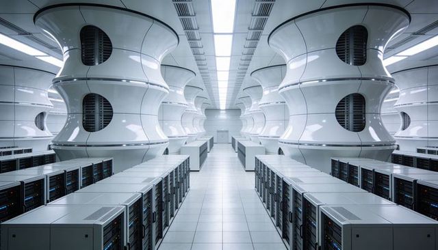 Futuristic symmetric data center interior with glossy cooling columns and led-lit server racks
