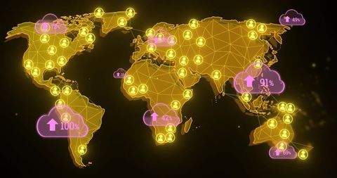 Glowing Global Network Map Showing Neon User Nodes, Cloud Metrics and Triangular Mesh
