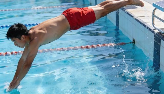 Diving male swimmer launching from pool edge in red trunks splashing water