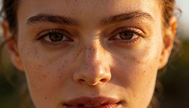 Freckled woman soaking golden-hour sunlight close-up, brown eyes and natural skin glow