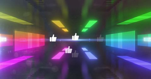Social media reactions in futuristic neon tunnel