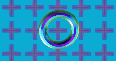 Glossy multicolor concentric ring on teal canvas with purple plus grid, abstract geometric