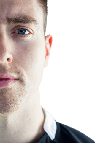 Transparent face close-up of rugby player looking ahead