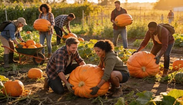 Community volunteer team lifting giant pumpkins at sunset in rustic pumpkin patch
