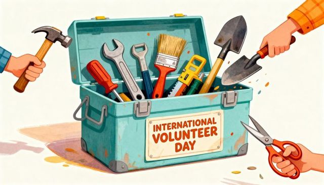 International volunteer day celebrating community teamwork with toolbox and helping hands