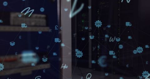Technological server room with floating mathematical symbols