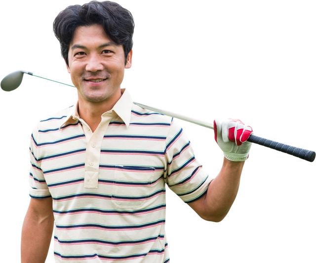 Smiling Asian Male Golf Player Holding Club on Transparent Background - Download Free Stock Videos Pikwizard.com