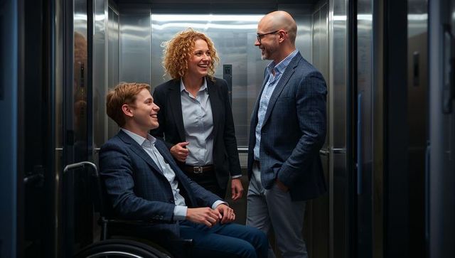 Friendly business team engaging in office elevator exchange
