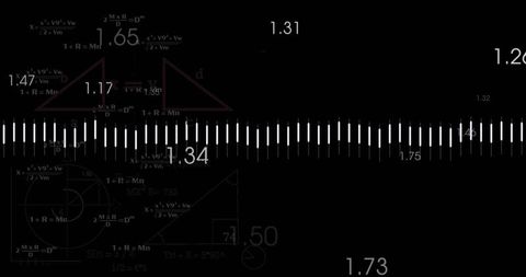 Visualizing white waveform with decimal labels and geometric formulas on black field
