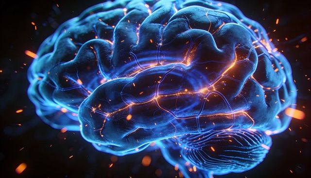 Glowing neural network brain visualizing electric synapses and pathways in blue and orange