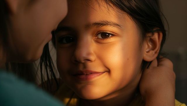Smiling hispanic child leaning toward adult during golden hour warm close-up portrait