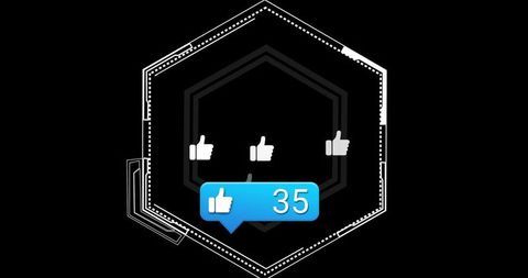 Displaying layered hexagonal ui featuring thumbs-up icons and blue like badge 35