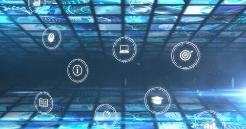 Futuristic Interface with Tech and Education Icons on Digital Grid Background