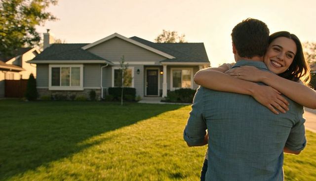 Young couple hugging in sunlit front yard celebrating new home ownership