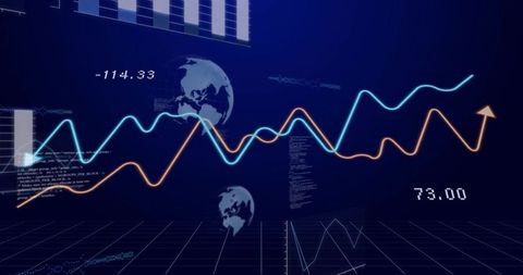Futuristic Financial Analytics Showing Neon Line Graphs Over 3D Grid With Globe and Data Labels
