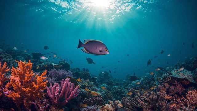 Swimming purple reef fish gliding over sunlit tropical coral reef with vibrant orange coral