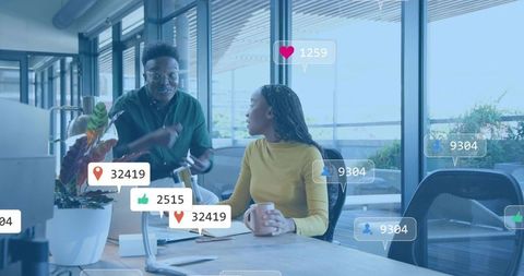 Young professionals collaborating in modern office with social media engagement overlays