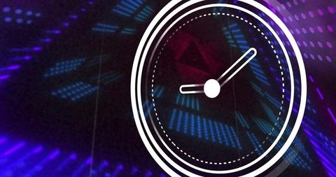 Futuristic neon clock graphic overlay, led matrix background, diagonal light streaks