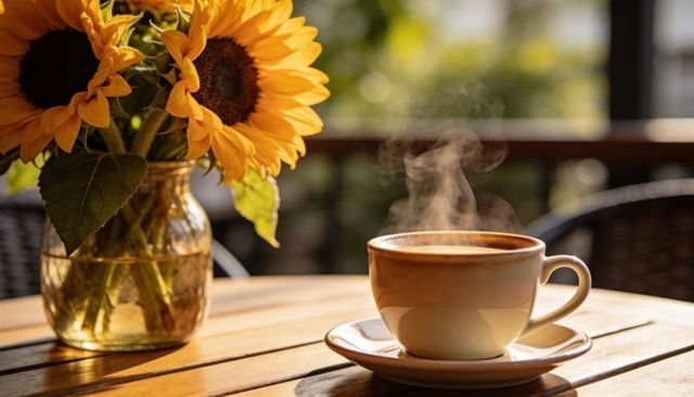 Steaming coffee cup on sunlit balcony table with bright sunflowers in glass vase