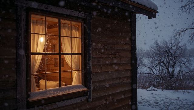 Glowing cabin window revealing cozy bedroom light through sheer curtains at snowy dusk
