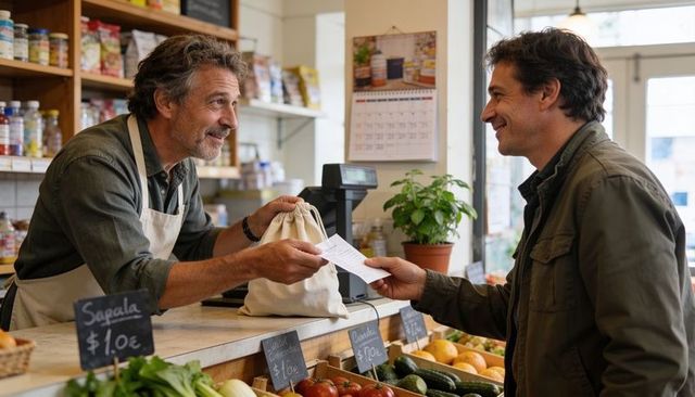 Grocer handing receipt to smiling customer at fresh produce market counter