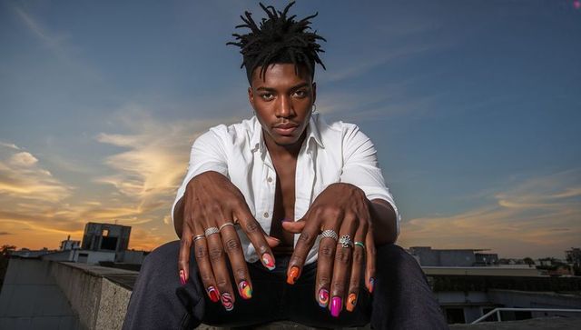 Leaning black man reaching camera on rooftop at sunset showing colorful nail art and rings